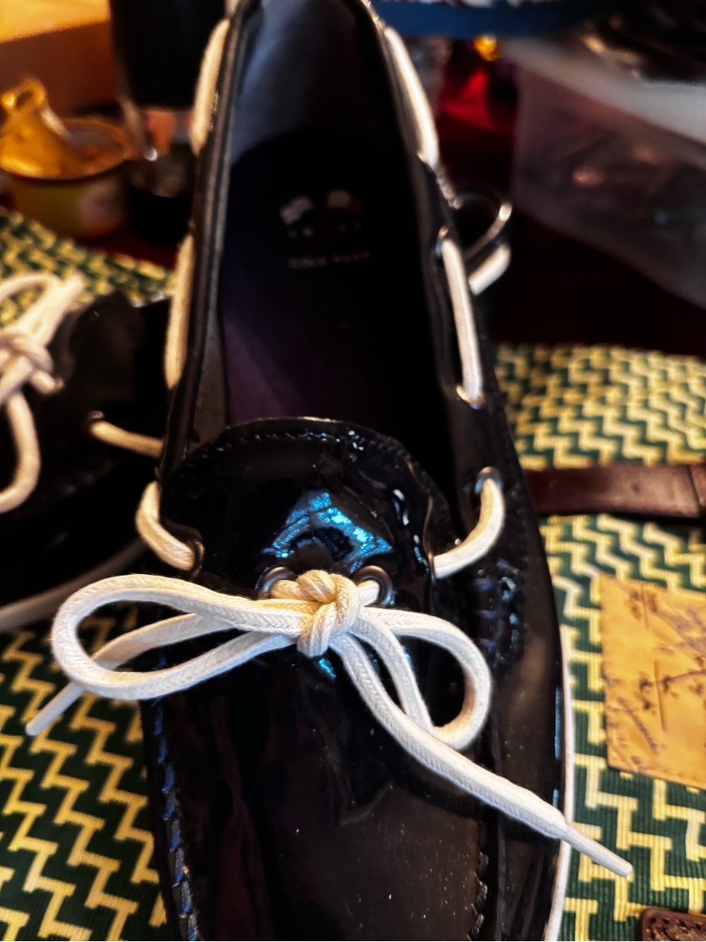 Cole Haan Black Patent Leather Boat Shoe with White Laces